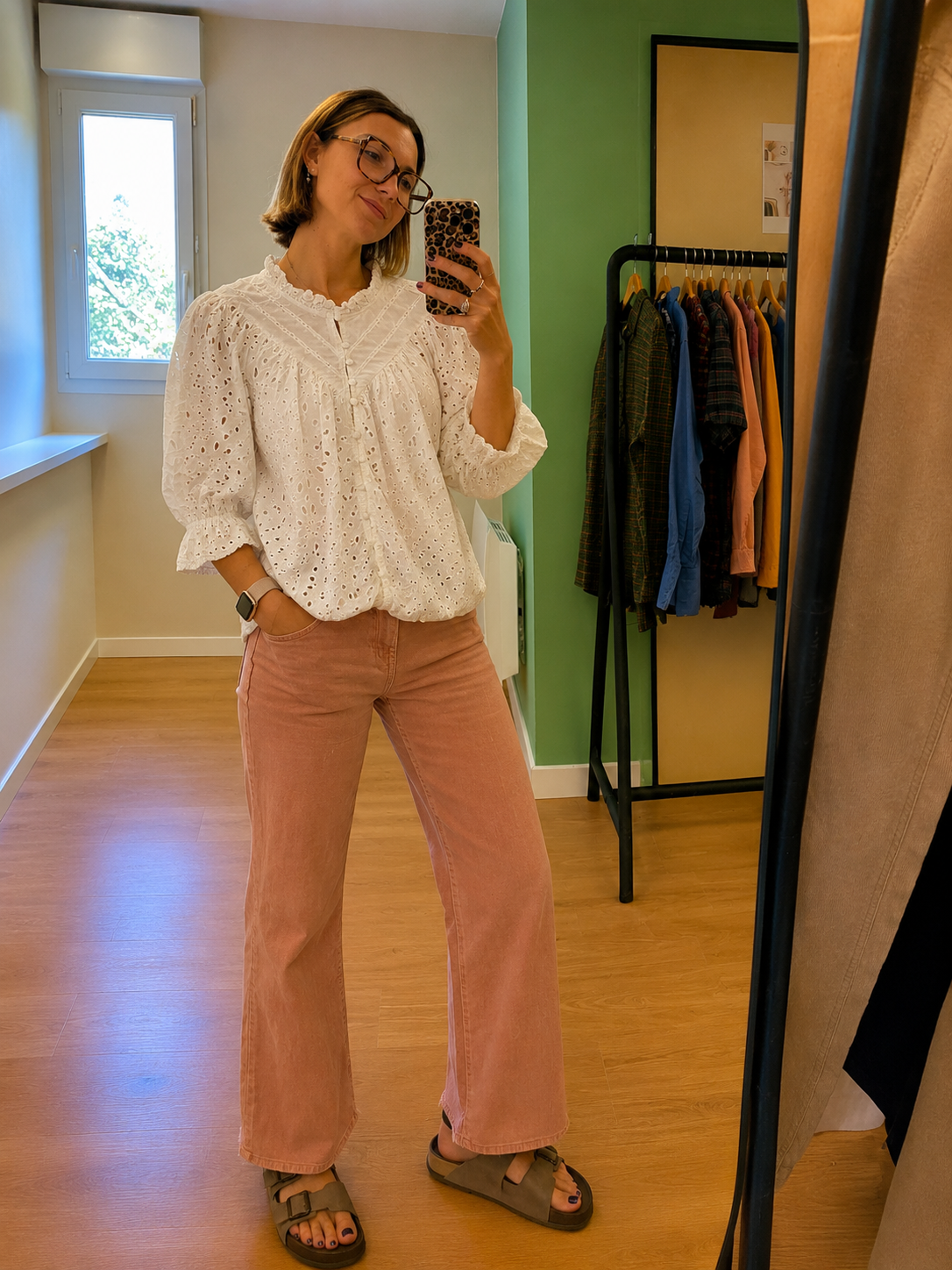 Blouse blanche en broderie anglaise à manches bouffantes femme L
