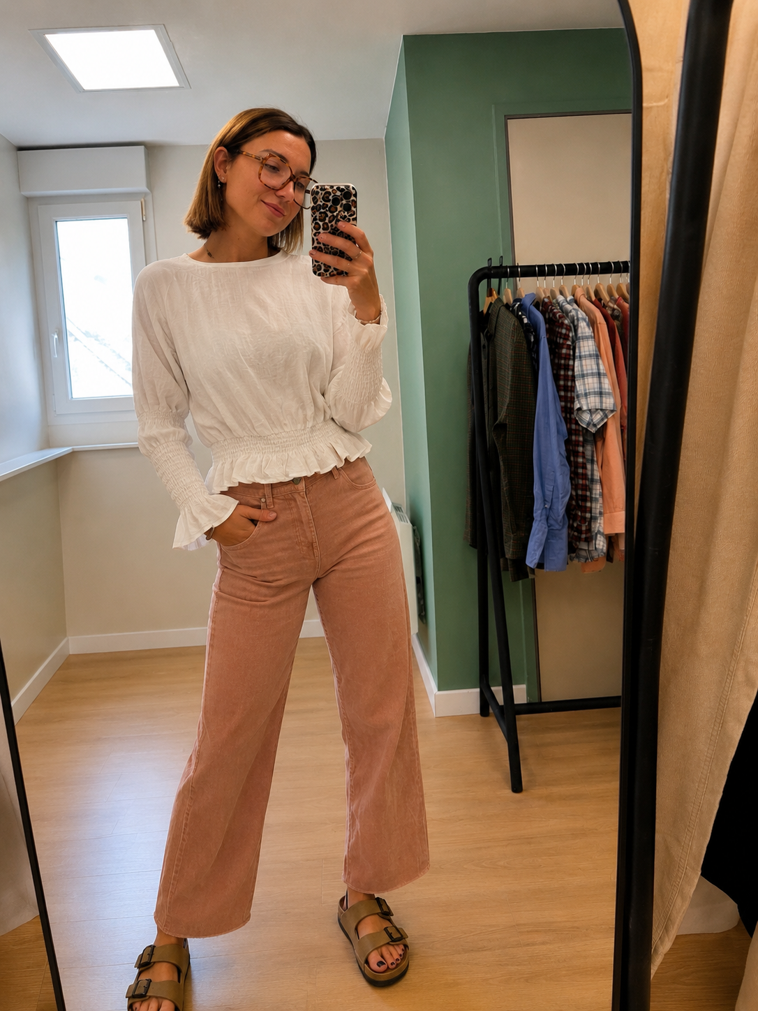 Blouse blanche en lin à taille smockée femme L