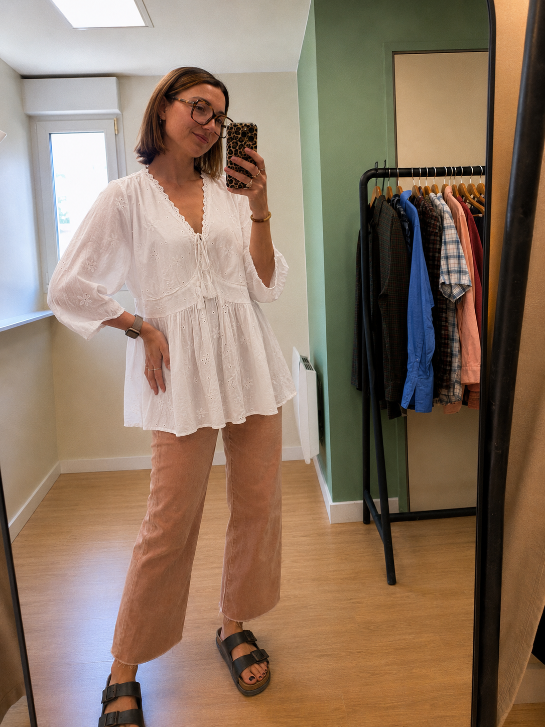 Blouse blanche brodée à manches 3/4 femme XL