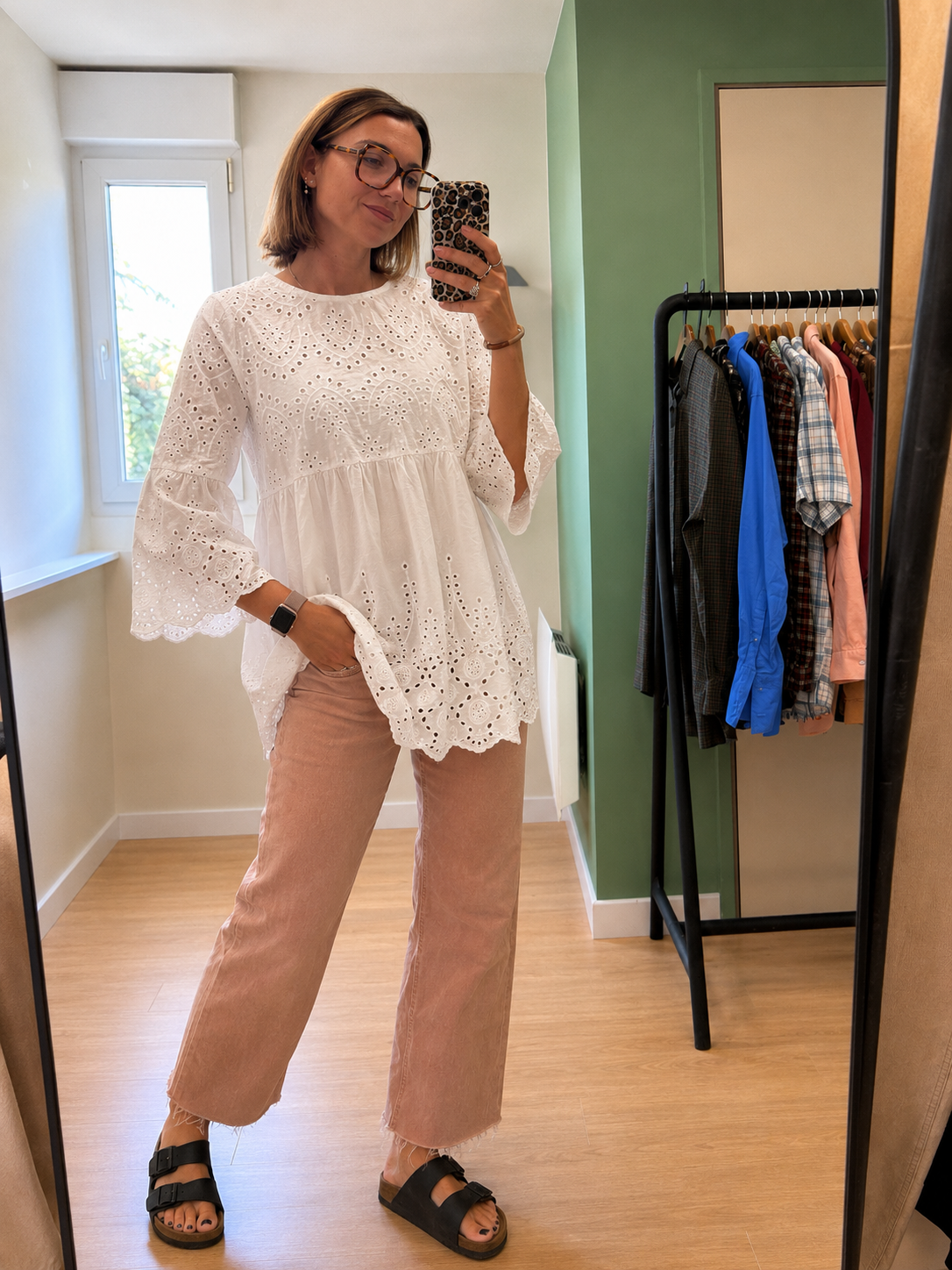 Blouse blanche en broderie anglaise manches longues femme M