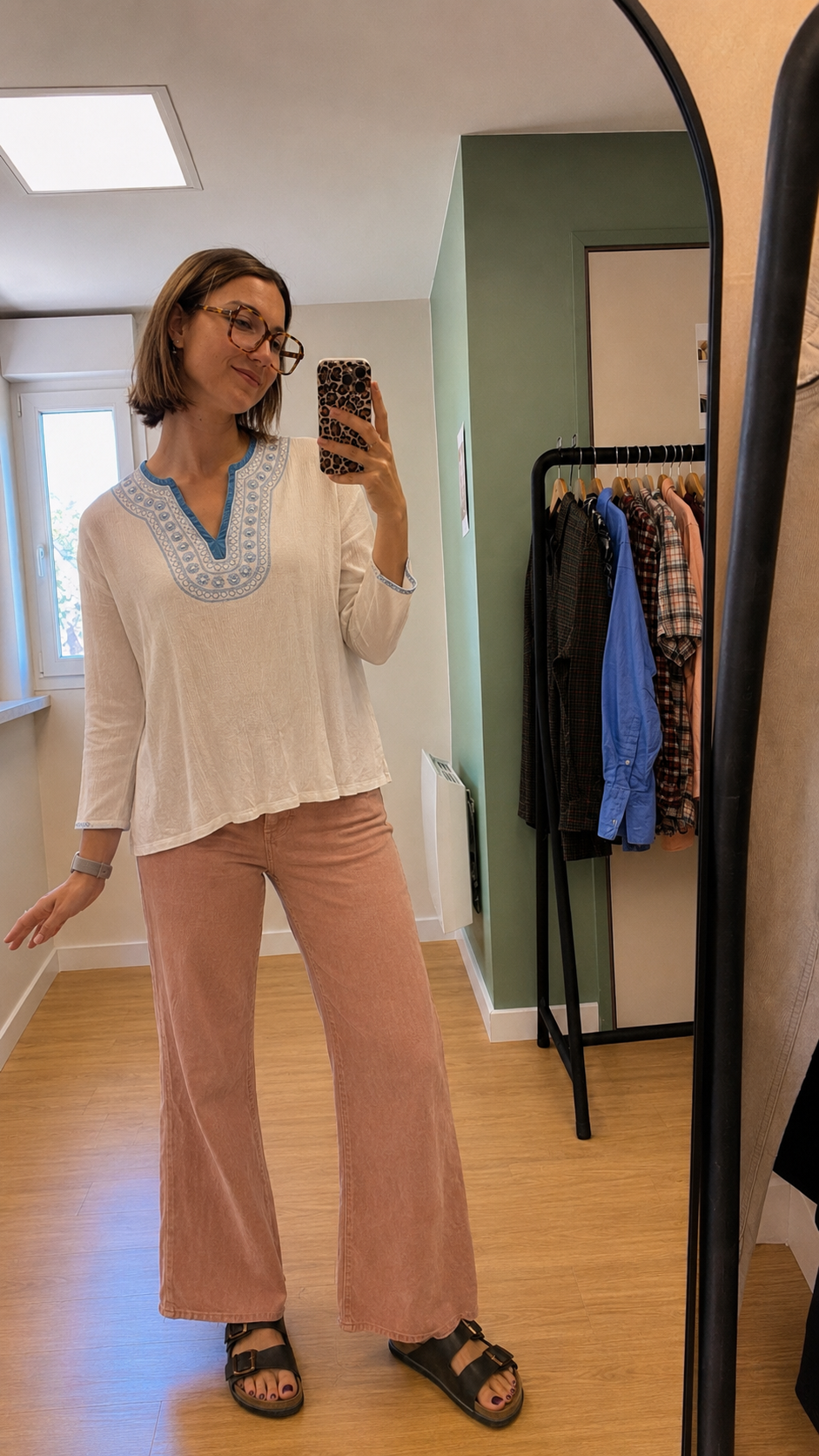 Blouse blanche brodée bleu style bohème femme L